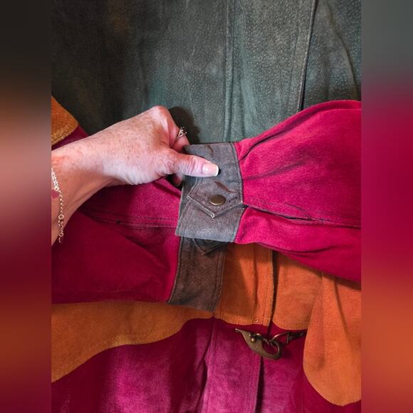 Vtg 90s Y2K Colorblock Stripped Leather Trench Coat Hood Outdoor Exchange L Read - Picture 3 of 15